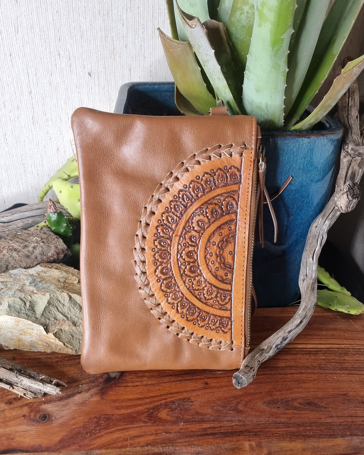 Morijorca Embossed Brown Leather Semi-Circle Mandala Clutch