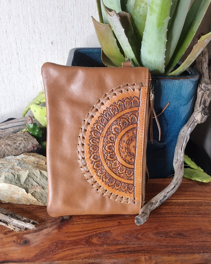 Morijorca Embossed Brown Leather Semi-Circle Mandala Clutch