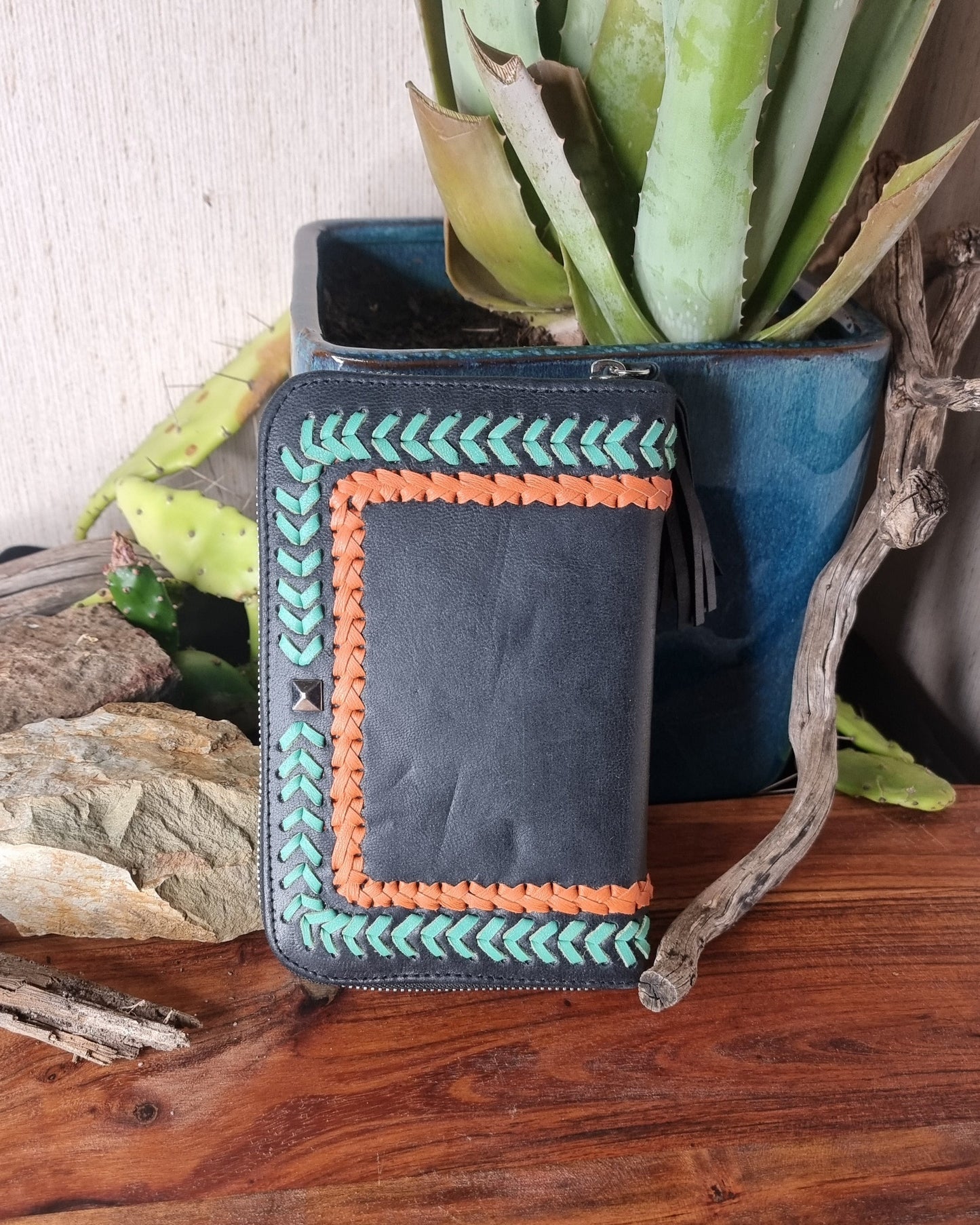 Morijorca Handcrafted Black, Red, Green Leather Manadala Clutch