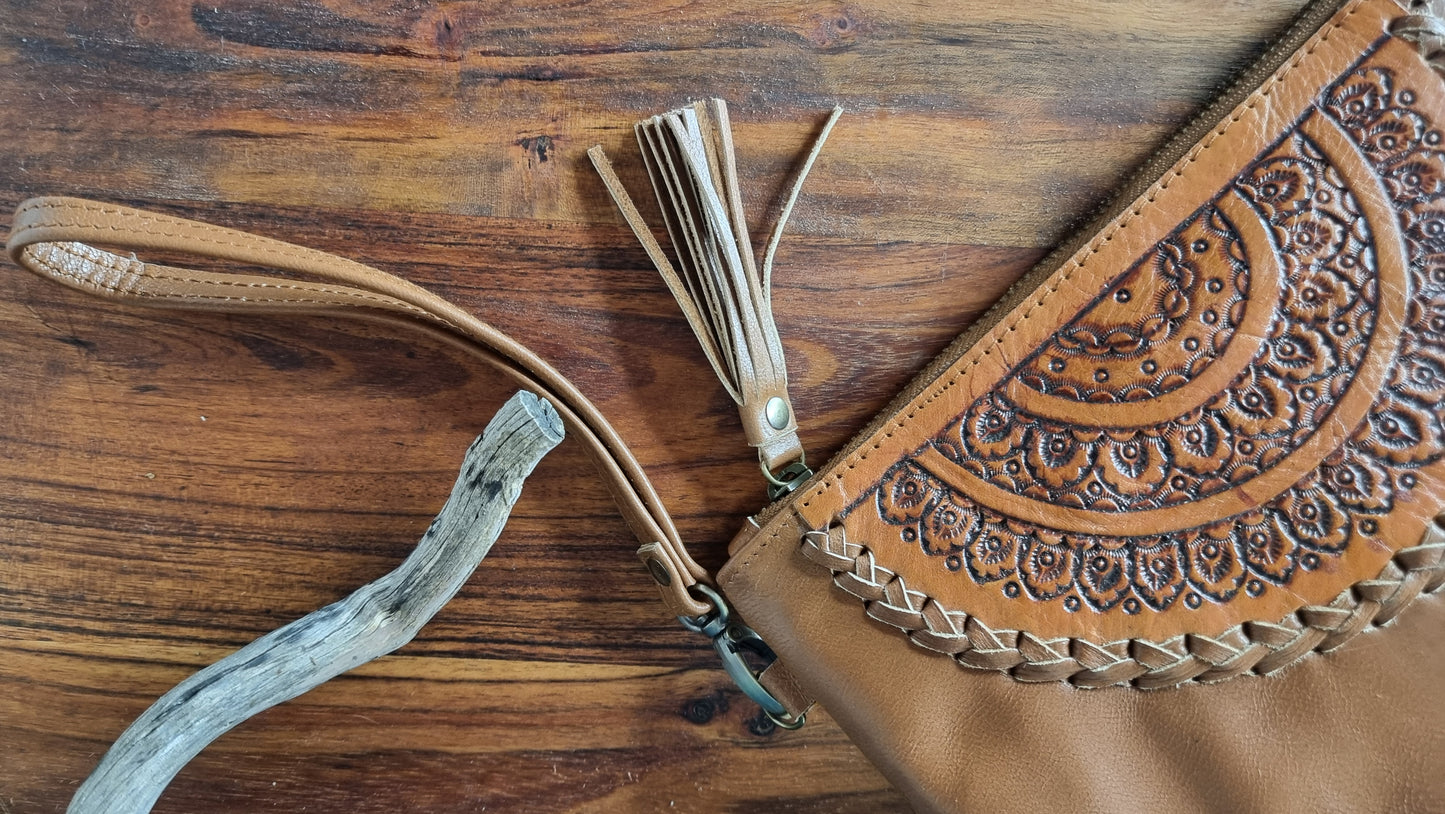Morijorca Embossed Brown Leather Semi-Circle Mandala Clutch