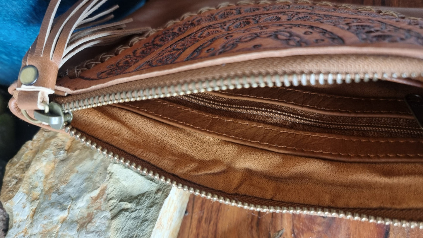 Morijorca Embossed Brown Leather Semi-Circle Mandala Clutch