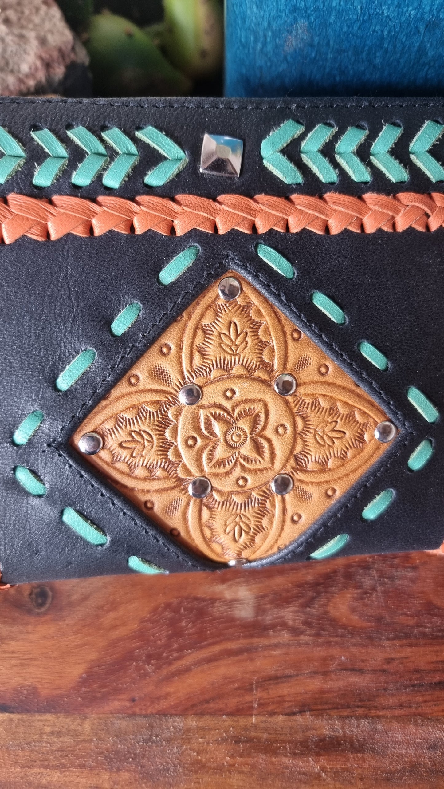 Morijorca Handcrafted Black, Red, Green Leather Manadala Clutch