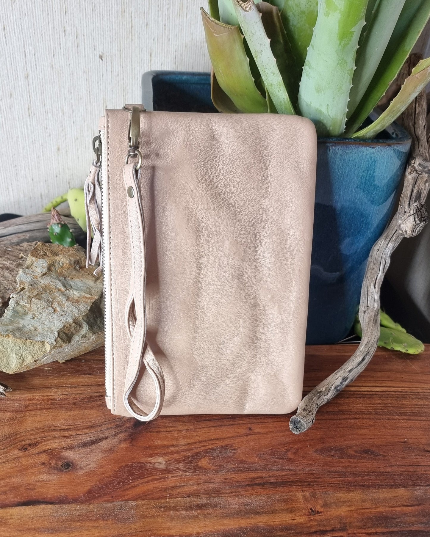 Morijorca Light Brown Embossed Leather Wristlet