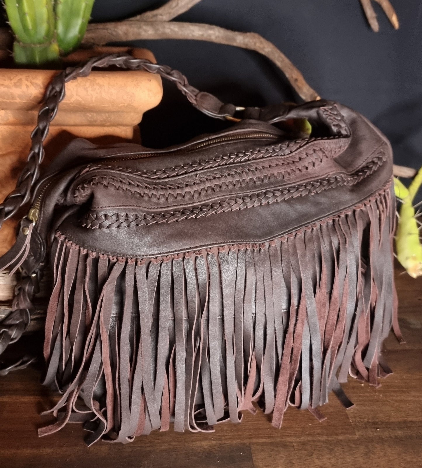 Morijorca Large Dark Brown Leather Bohemian Fringe Shoulder Bag