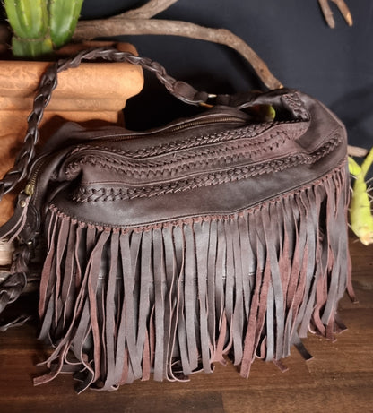 Morijorca Large Dark Brown Leather Bohemian Fringe Shoulder Bag