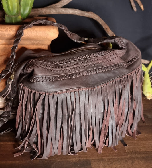 Morijorca Large Dark Brown Leather Bohemian Fringe Shoulder Bag