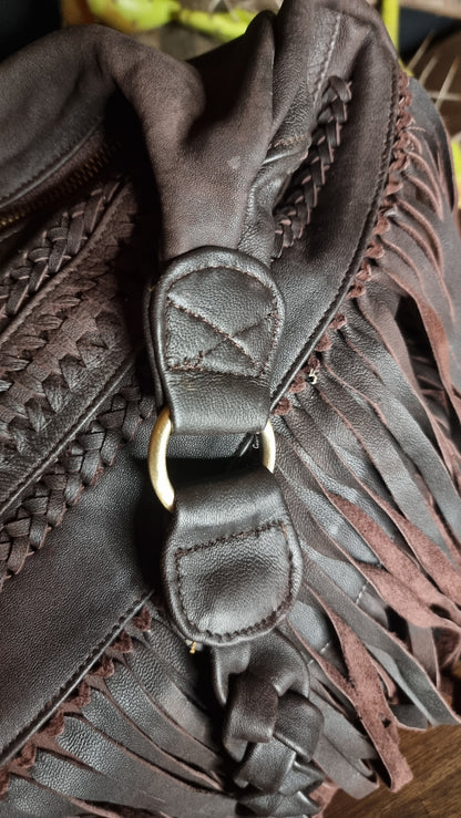 Morijorca Large Dark Brown Leather Bohemian Fringe Shoulder Bag