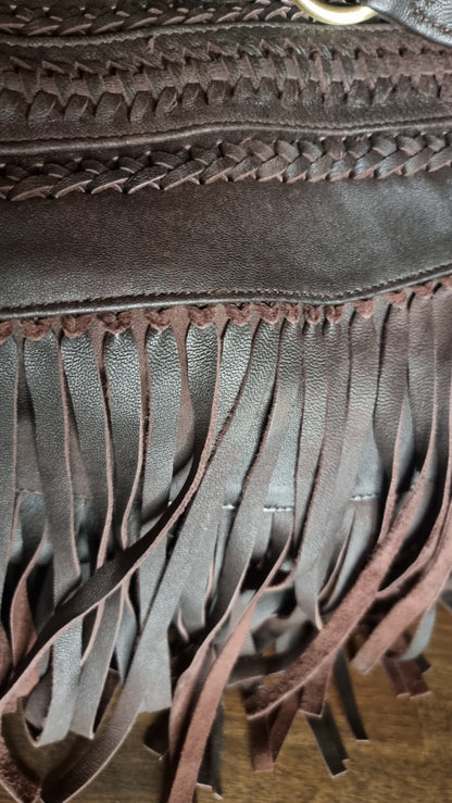 Morijorca Large Dark Brown Leather Bohemian Fringe Shoulder Bag
