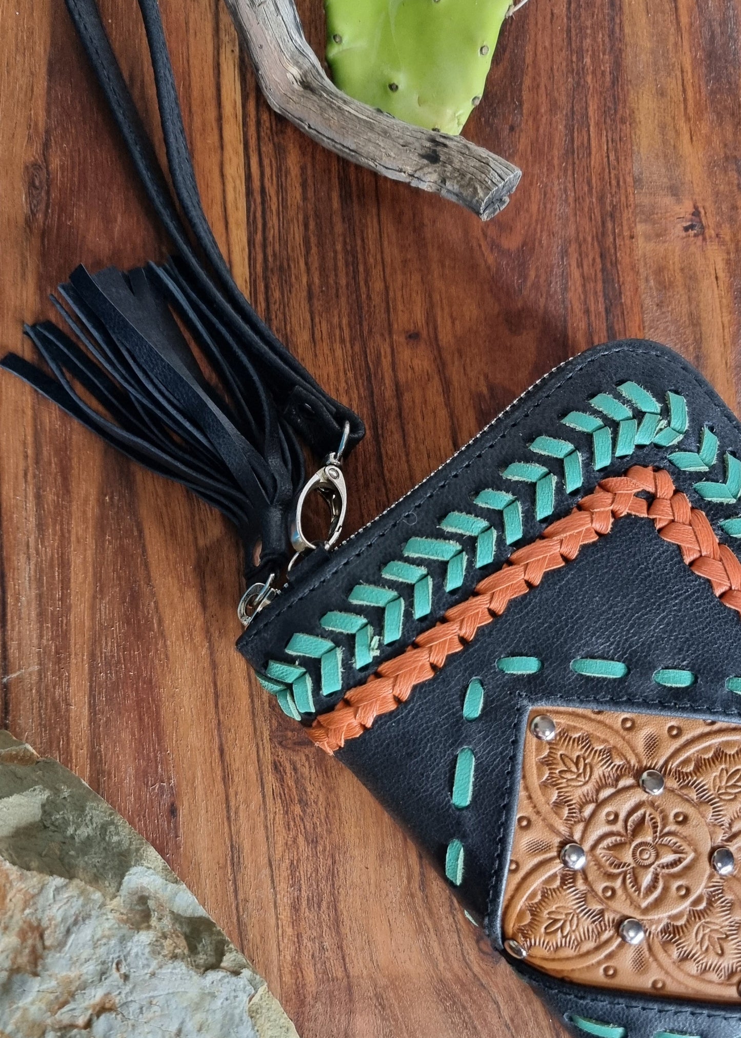 Morijorca Handcrafted Black, Red, Green Leather Manadala Clutch