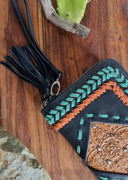 Morijorca Handcrafted Black, Red, Green Leather Manadala Clutch