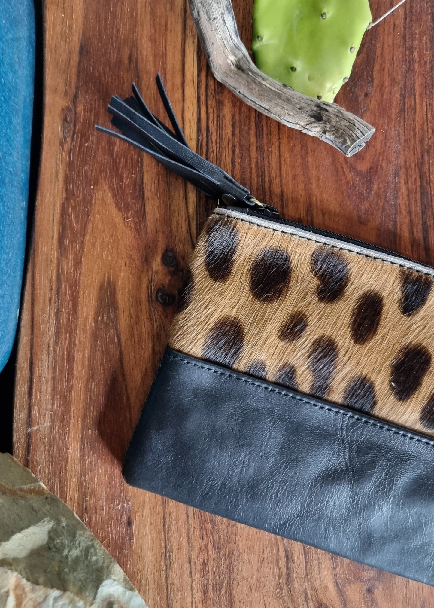 Morijorca Black Leather & Leopard Hide Clutch