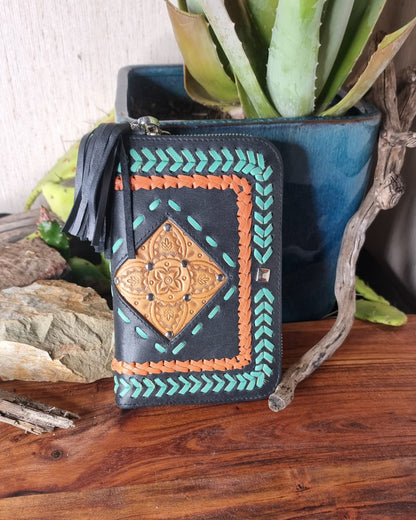 Morijorca Handcrafted Black, Red, Green Leather Manadala Clutch