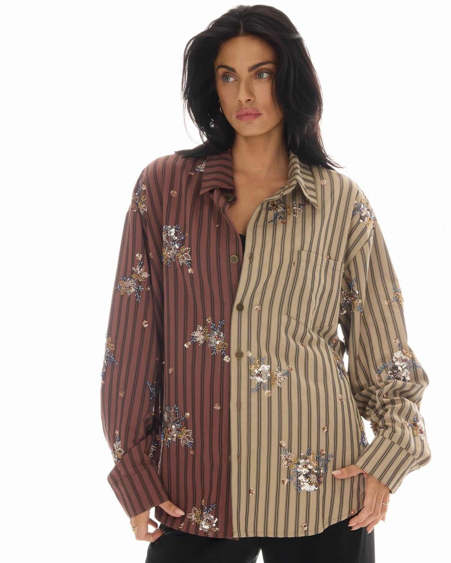 Embellished Half N Half Stripe Shirt